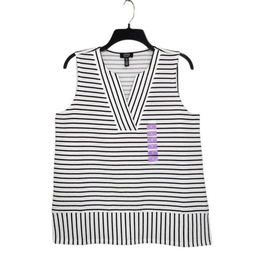 Jones New York Signature Womens Tank Top S Black White V-Neck Sleeveless Stripe